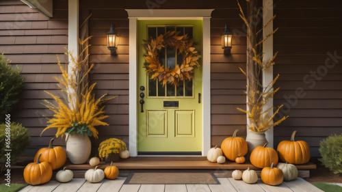 fall autumn wreath on brown front door and autumn decor on front door steps. ai generated