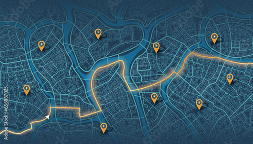 Location EV charging station location mark on gps navigation map a lot with fast supercharger station. Path turns and destination tag or mark. Huge city top view Tracking path, route. vector isometric