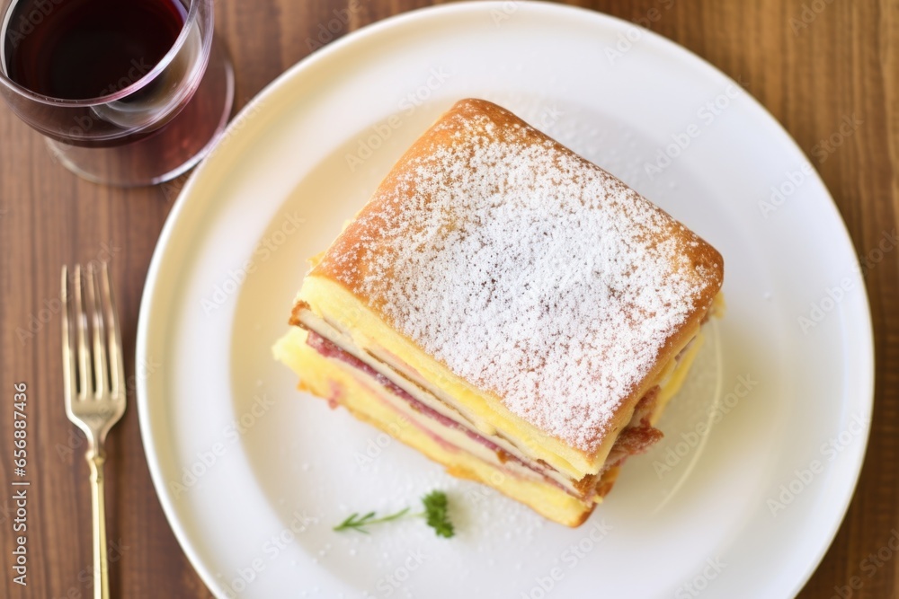 top-down view of a monte cristo sandwich on a table