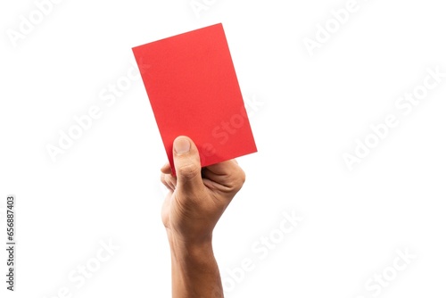 Hand holding a red card isolated on white background