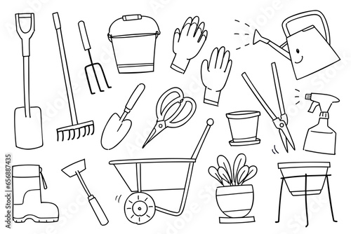 Set of hand-drawn rough line illustrations with a gardening theme