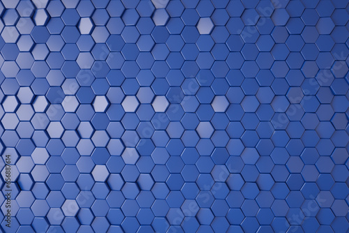 Fototapeta Naklejka Na Ścianę i Meble -  Blue hexagonal tech background texture, black, 3d rendering.
