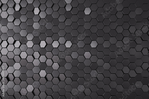 Dark black hexagonal tech background texture, black, 3d rendering. 