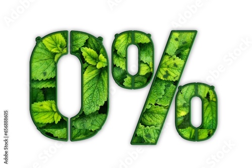Zero percent (0%) number made of green leafs, Zero carbon concept, green nature background. concept eco earth day,Eco friendly