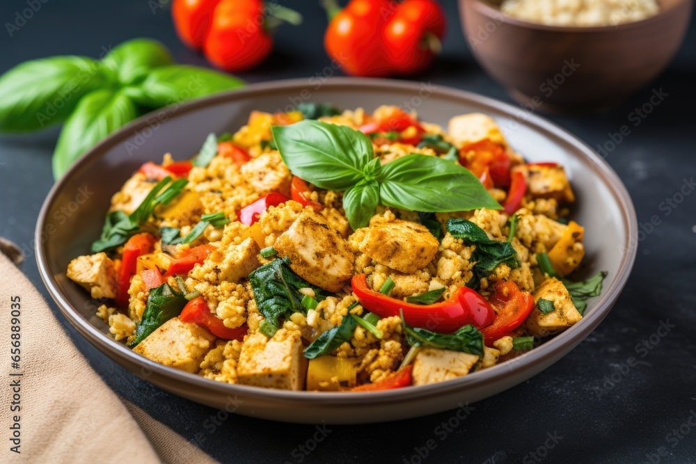 bowl of tofu scramble with peppers and herbs