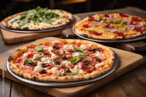 three different pizzas displayed side by side, showcasing variety