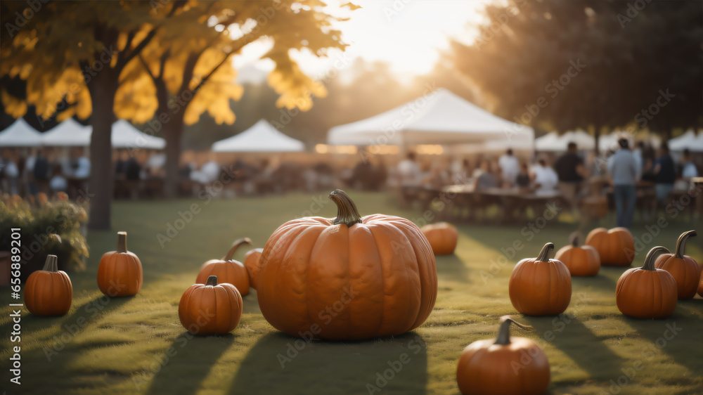 pumpkins on a pumpkin patch farm autumn fall festival with lights and people. ai generated - obrazy, fototapety, plakaty 