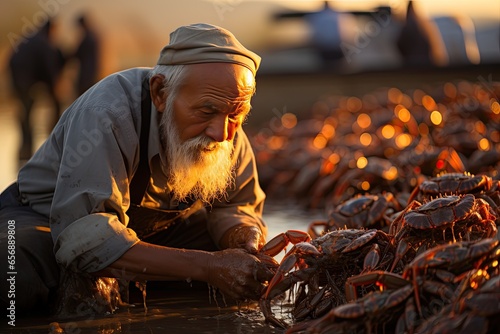 Fishermen cultivate and research crabs in organic farms, catch sell in market, as ingredients in restaurants.