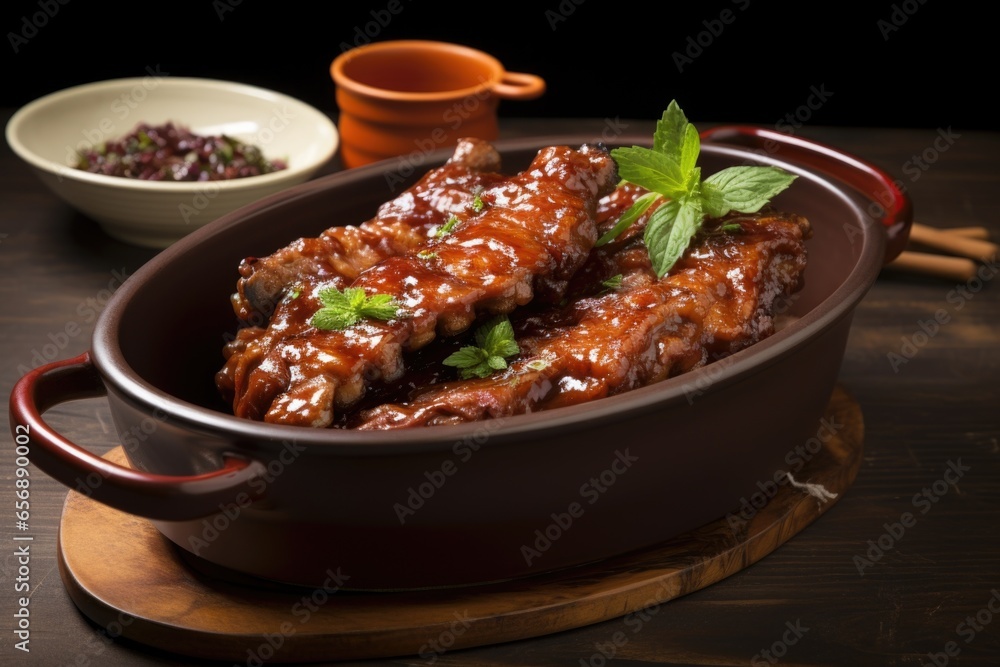 bbq ribs with sauce in a glazed pottery dish bbq ribs with sauce in a glazed pottery dish