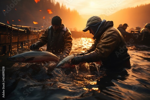 Fishermen cultivate and research salmon in organic farms, catch salmon to sell in market, dishes in restaurants. photo