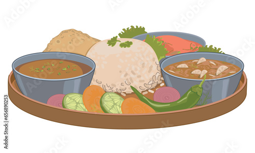 Nepalese Thali Set (Dal Bhat), Vegetarian dish. Vector, flat style. White boiled rice, curry, flatbread, sauce, yashgurt, vegetables, dal, spicy seasonings. Simple food for strength in the mountains.