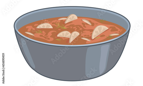Kari in a bowl on a white background. Vector, flat style. A common food in Asia, served as a sauce or main dish. Traditional food from India, Thailand, Nepal and Japan. Soup with greens.