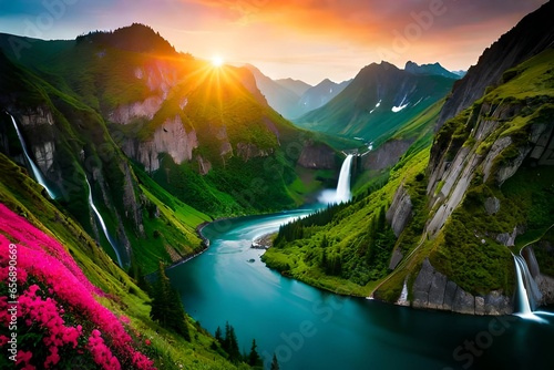 sunset in the mountains and a lake passing between mountains, waterfall background, waterfall wallpaper, tropical waterfall, waterfall wildlife aerial view