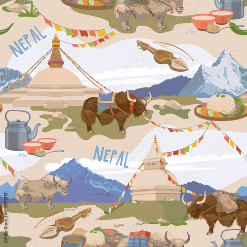 Attributes of Nepalese culture. Seamless pattern. Vector, flat style. Mountains, Buddhist stupa, tea with butter and salt, karangi, vegetarian Nepalese Thali set (Dal Bhat), yak.