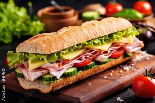 submarine sandwich with ham, cheese, lettuce, tomatoes, cucumbers