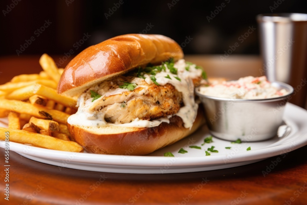 crab cake sandwich on a brioche bun with tartare sauce Stock Photo