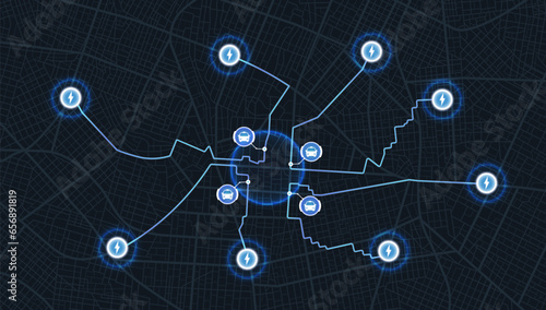Electric vehicle charging station location mark on gps navigation map a lot with fast supercharger station. Path turns and destination tag or mark. Huge city top view. Tracking path and route. vector