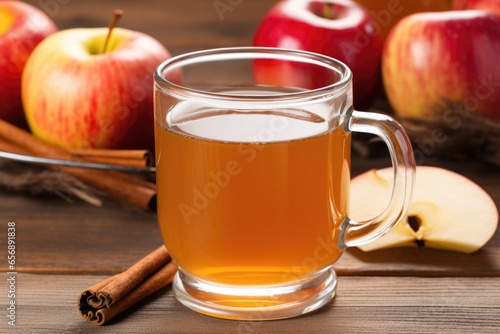 apple cider in a clear glass mug with cinnamon stick