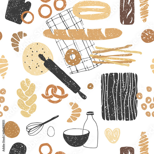 Seamless bread pattern. Hand drawing of bread, baguette, flatbread, bagels, bun.
