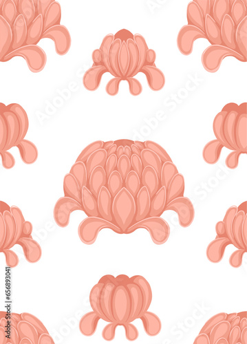 Vector seamless pattern with simple peonies in a row. Floral surface design. Texture with stylized pink flowers on a white background