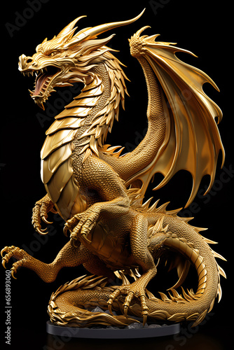 Striking Full Body Gold Dragon in Smart Pose  3D Rendering Including Alpha Path