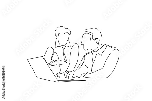 business life people meeting laptop talking deciding explaining manager employee line art design