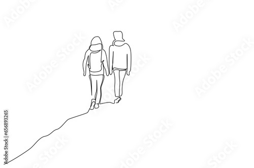 two people nature backpack walking hike trekking far away back rear behind lifestyle line art design