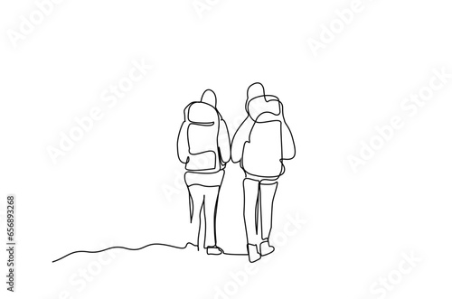two people nature backpack walking hike trekking far away back rear behind lifestyle line art design