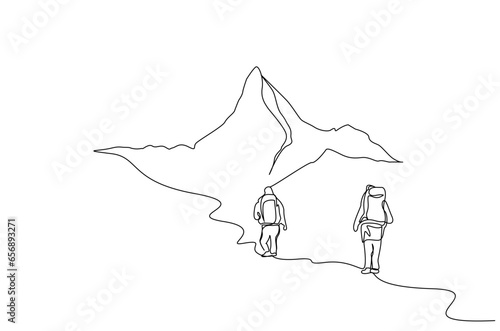 two people nature backpack walking hike trekking far away back rear behind lifestyle line art design