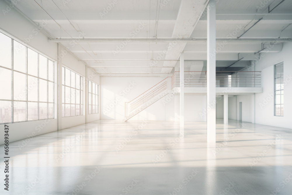 Empty modern loft with concrete floor, White room with wide open space in the style of minimalism Empty modern loft with concrete floor, White room with wide open space in the style of minimalism