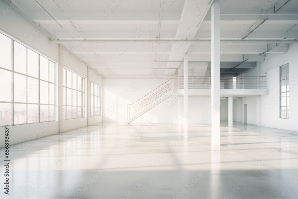 Empty modern loft with concrete floor, White room with wide open space in the style of minimalism