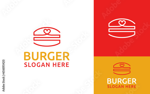 Simple Creative Retro Hamburger Burger with Love Heart in Bread Sandwich Gourmet Logo Branding Template