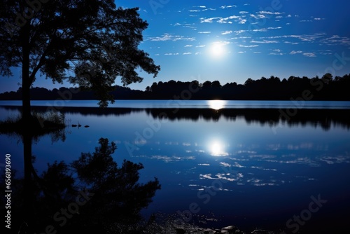full moon illuminating a tranquil lake