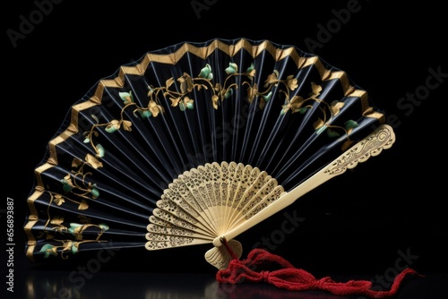 a single oriental hand fan opened on a black velvet surface photo