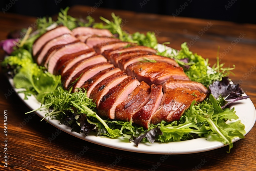 smoked duck fillets displayed on a bed of greens smoked duck fillets displayed on a bed of greens