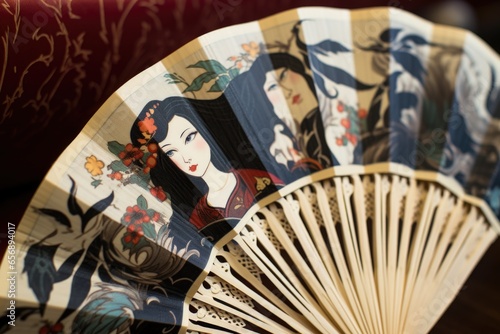 close-up of a hand fan with traditional oriental artwork