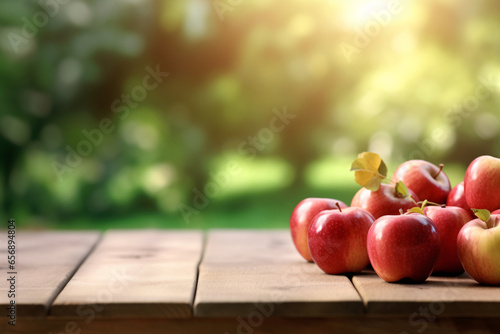 Fresh red apples on wooden table with blurred apple farm background.