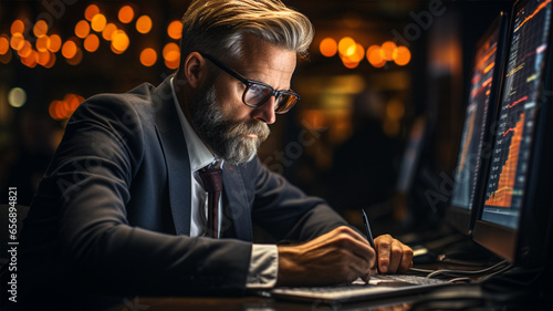  Finance trade manager analyzing stock market indicators for best investment strategy, financial data and charts, Ai generated