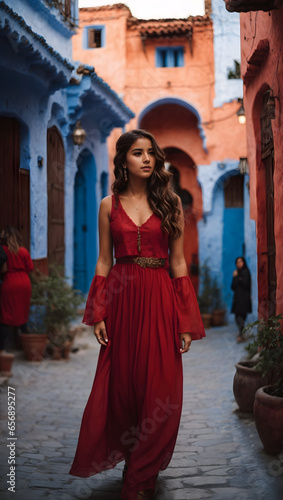 Young woman with red dress visiting the blue city Chefchaouen