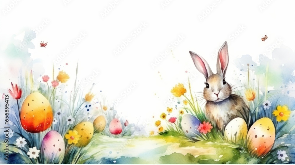 Easter greeting card watercolor illustration template without text - obrazy, fototapety, plakaty 