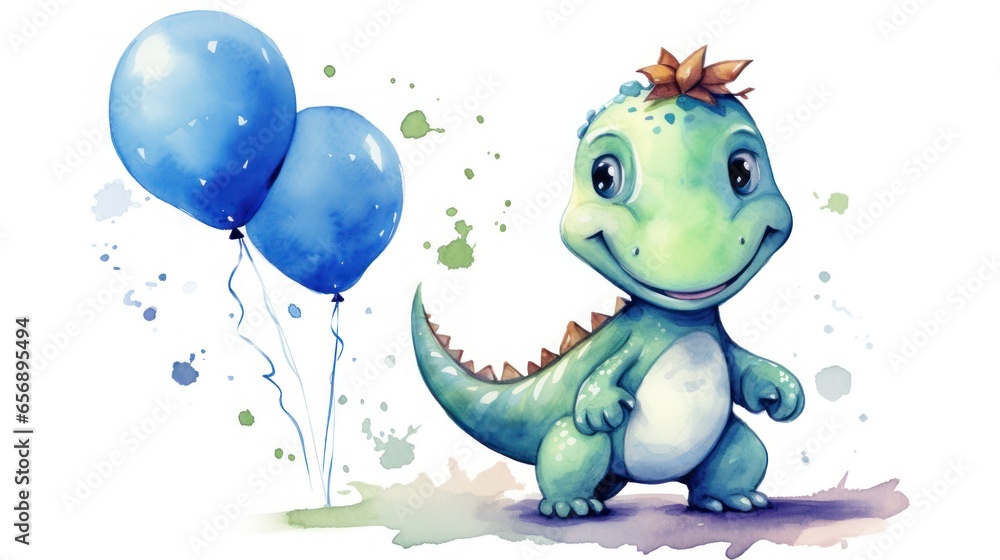 Fototapeta premium Birthday greeting card, watercolor illustration with cute dinosaur and balloons