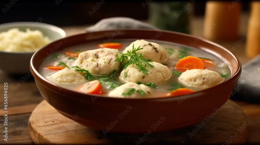 A bowl of comforting, chicken and dumplings with fluffy dumplings.