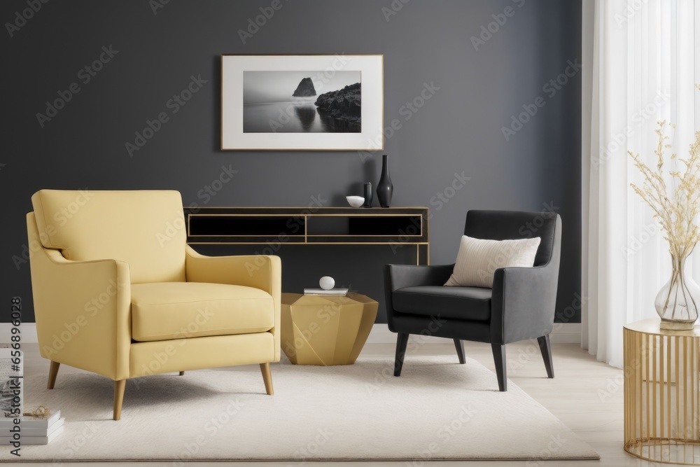 Interior mockup with picture frame on a Wall. Living room with sofa and painting on a wall
Interior mockup with picture frame on a Wall. Living room with sofa and painting on a wall