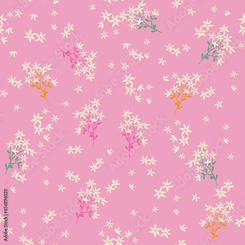 Cute, trendy ditsy, small flowers, spaced out doodle flowers, hand drawn floral, seamless pattern print for fashion, textile, tshirt, girls, kidswear, womens wear