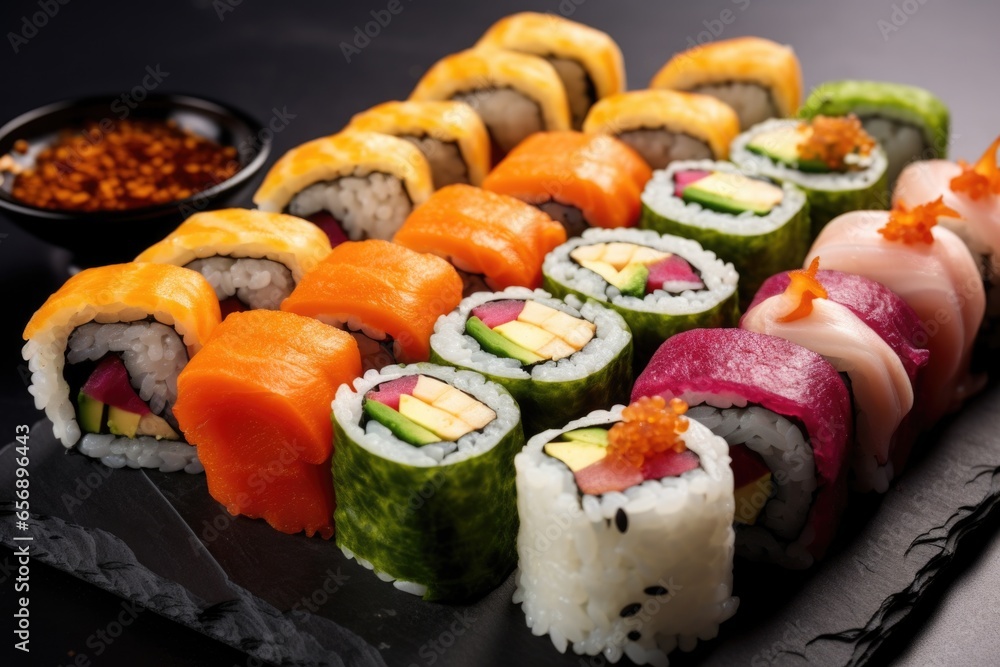 close-up of sushi rolls with various fillings close-up of sushi rolls with various fillings