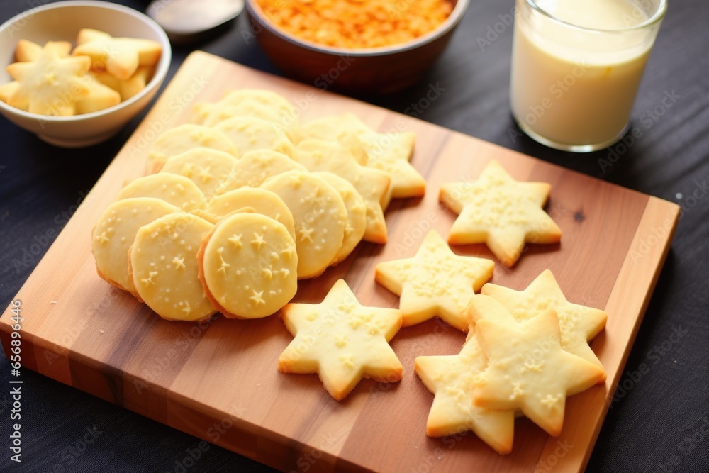 star- and moon-shaped shortbread cookies on a wooden board