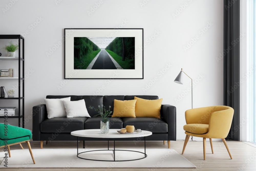 Interior mockup with picture frame on a Wall. Living room with sofa and painting on a wall Interior mockup with picture frame on a Wall. Living room with sofa and painting on a wall