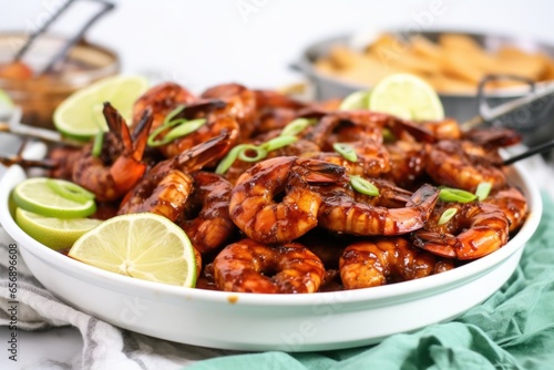 a platter of bbq shrimp garnished with lime wedges © altitudevisual