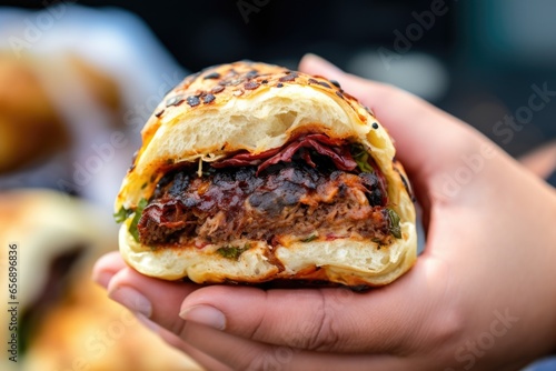 hand holding bun stuffed with barbecued sausages
