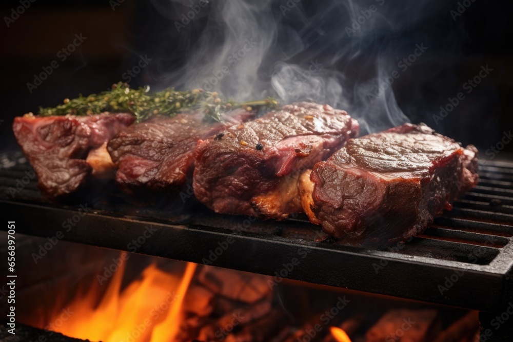 beef ribs sizzling on a grill with billowing smoke
